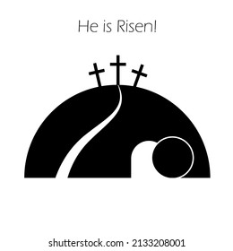Cartoon cave three crosses. Happy easter. Vector illustration. stock image.