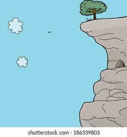 Cartoon of cave and tree on rock ledge