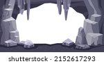 Cartoon cave vector background, rock cavern game illustration, stone mine underground tunnel frame. Nature gray boulder cliff, stalagmite on white, prehistoric dungeon entrance. Cave opening frame