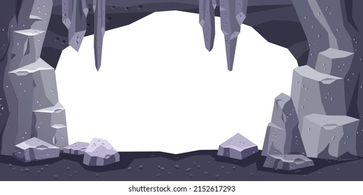 Cartoon cave vector background  rock cavern game illustration  stone mine underground tunnel frame  Nature gray boulder cliff  stalagmite white  prehistoric dungeon entrance  Cave opening frame