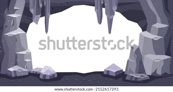 Cartoon cave vector background, rock cavern game\
illustration, stone mine underground tunnel frame. Nature gray\
boulder cliff, stalagmite on white, prehistoric dungeon entrance.\
Cave opening frame
