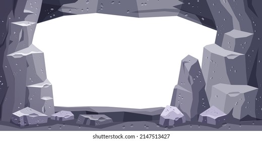 Cartoon cave vector background  stone mine underground tunnel frame  rock cavern game illustration  Nature gray boulder cliff  prehistoric dungeon entrance  stalagmite white  Cave opening frame 