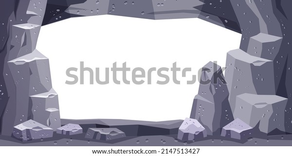 Cartoon cave vector background, stone mine underground\
tunnel frame, rock cavern game illustration. Nature gray boulder\
cliff, prehistoric dungeon entrance, stalagmite on white. Cave\
opening frame 
