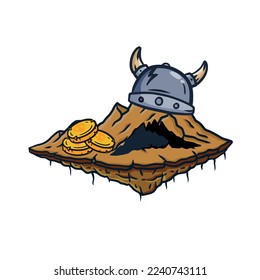 Cartoon cave, viking helmet and gold coin cartoon style. High mountain range. Vintage fantasy illustration isolated on white