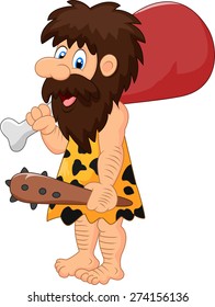 Cartoon caveman bring meat