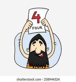 Cartoon of a caveman cheering four run in Cricket on white background.