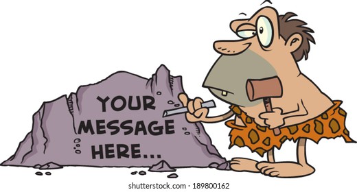 cartoon caveman chiseling into a rock