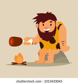 Cartoon caveman cooking meat.