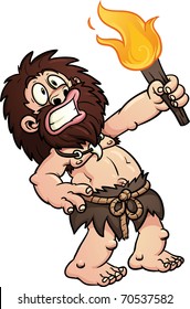 Cartoon Caveman Discovering Fire. Vector Illustration With Simple Gradients.