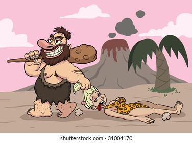 Cartoon caveman dragging a cave woman.