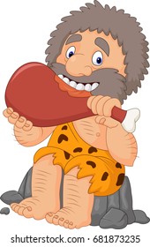 Cartoon Caveman Eating Meat