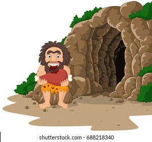 Cartoon caveman eating meat with cave background