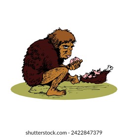 Cartoon caveman eating meat. Vector illustration isolated on a white background