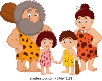Cartoon Caveman Family Isolate On White Background 