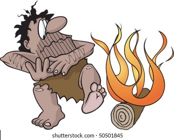 Cartoon caveman with fire. Vector file. Caveman and fire are on separate layers.
