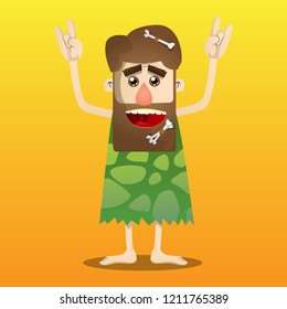 Cartoon caveman with hands in rocker pose. Vector illustration of a man from the stone age.