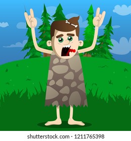 Cartoon caveman with hands in rocker pose. Vector illustration of a man from the stone age.
