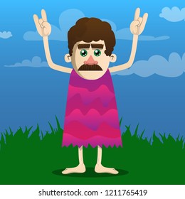Cartoon caveman with hands in rocker pose. Vector illustration of a man from the stone age.