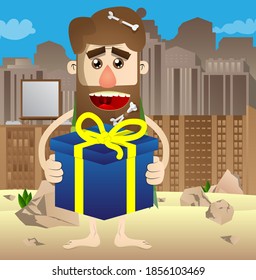 Cartoon caveman holding big gift box. Vector illustration of a man from the stone age.