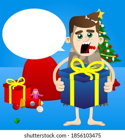Cartoon caveman holding big gift box. Vector illustration of a man from the stone age.