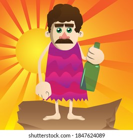 Cartoon caveman holding a bottle. Vector illustration of a man from the stone age.