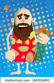Cartoon caveman, der eine Flasche hält. Vektorgrafik eines Menschen aus der Steinzeit.