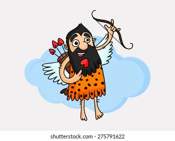 Cartoon of a caveman holding bow and heart shape arrow, Love Concept.