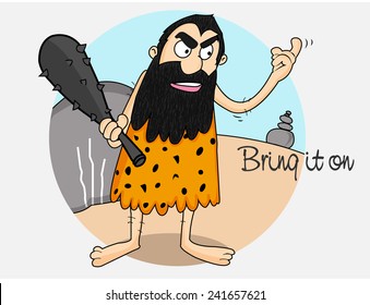 Cartoon of a caveman holding club with text Bring it On for cricket concept.