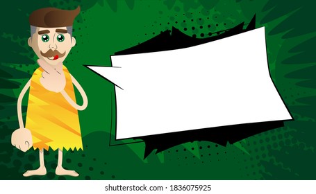 Cartoon caveman holding finger front of his mouth. Vector illustration of a man from the stone age.