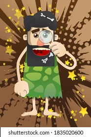 Cartoon caveman holding a magnifying glass. Vector illustration of a man from the stone age.