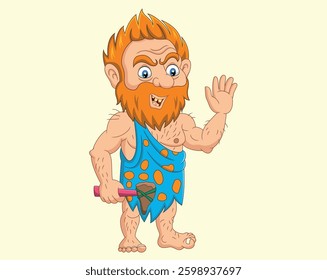 Cartoon caveman holding a stone hammer and waving vector illustration