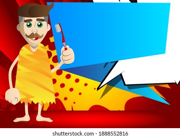Cartoon caveman holding toothbrush. Vector illustration of a man from the stone age.