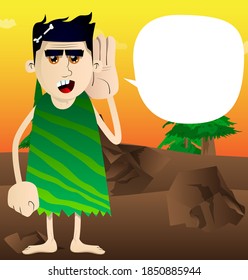 Cartoon caveman holds hand at his ear, listening. Vector illustration of a man from the stone age.