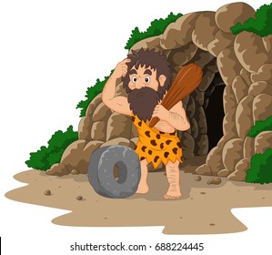 Cartoon caveman inventing stone wheel with cave background