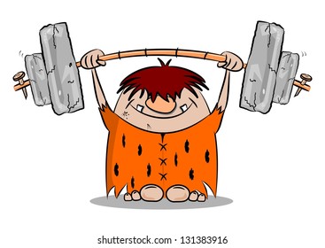 Cartoon caveman keeping fit by weight lifting