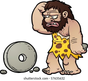 Cartoon caveman looking confused. Vector illustration with simple gradients. Caveman and wheel on separate layers for easy editing.