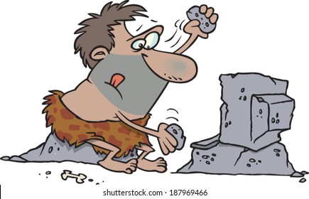 Cartoon Caveman Making A Computer Out Of Rock