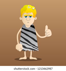 Cartoon caveman making thumbs up sign. Vector illustration of a man from the stone age.