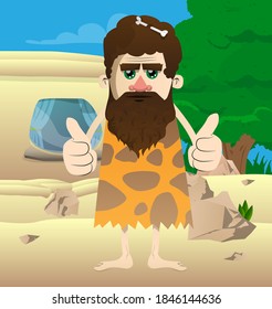 Cartoon caveman making thumbs up sign with two hands. Vector illustration of a man from the stone age.