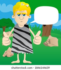 Cartoon caveman making thumbs up sign with two hands. Vector illustration of a man from the stone age.