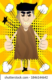Cartoon caveman making thumbs up sign with two hands. Vector illustration of a man from the stone age.