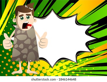 Cartoon caveman making thumbs up sign with two hands. Vector illustration of a man from the stone age.