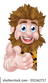 Cartoon caveman mascot in an animal skin peeking around a sign and holding a club.