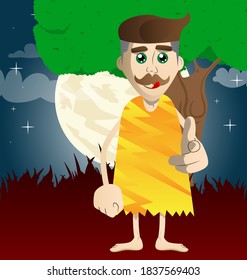 Cartoon caveman pointing at the viewer with his hand. Vector illustration of a man from the stone age.