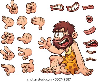 Cartoon caveman ready for animation. The caveman is sitting, but right hand and facial features, eyes, mouth and brow come with different poses.