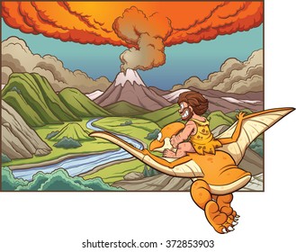 Cartoon caveman riding a pterodactyl towards a volcano. Vector clip art illustration with simple gradients. Background and caveman on separate layers. 
