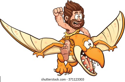 Cartoon caveman riding a pterodactyl. Vector clip art illustration with simple gradients. All in a single layer.