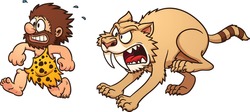Cartoon Caveman Running Away From Sabertooth. Vector Illustration With Simple Gradients. Each In A Separate Layer For Easy Editing.