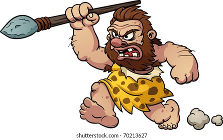 Cartoon caveman running with a spear in hand. Vector illustration with simple gradients. All in a single layer.