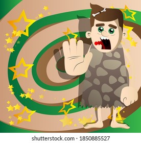 Cartoon caveman showing deny or refuse hand gesture. Vector illustration of a man from the stone age.